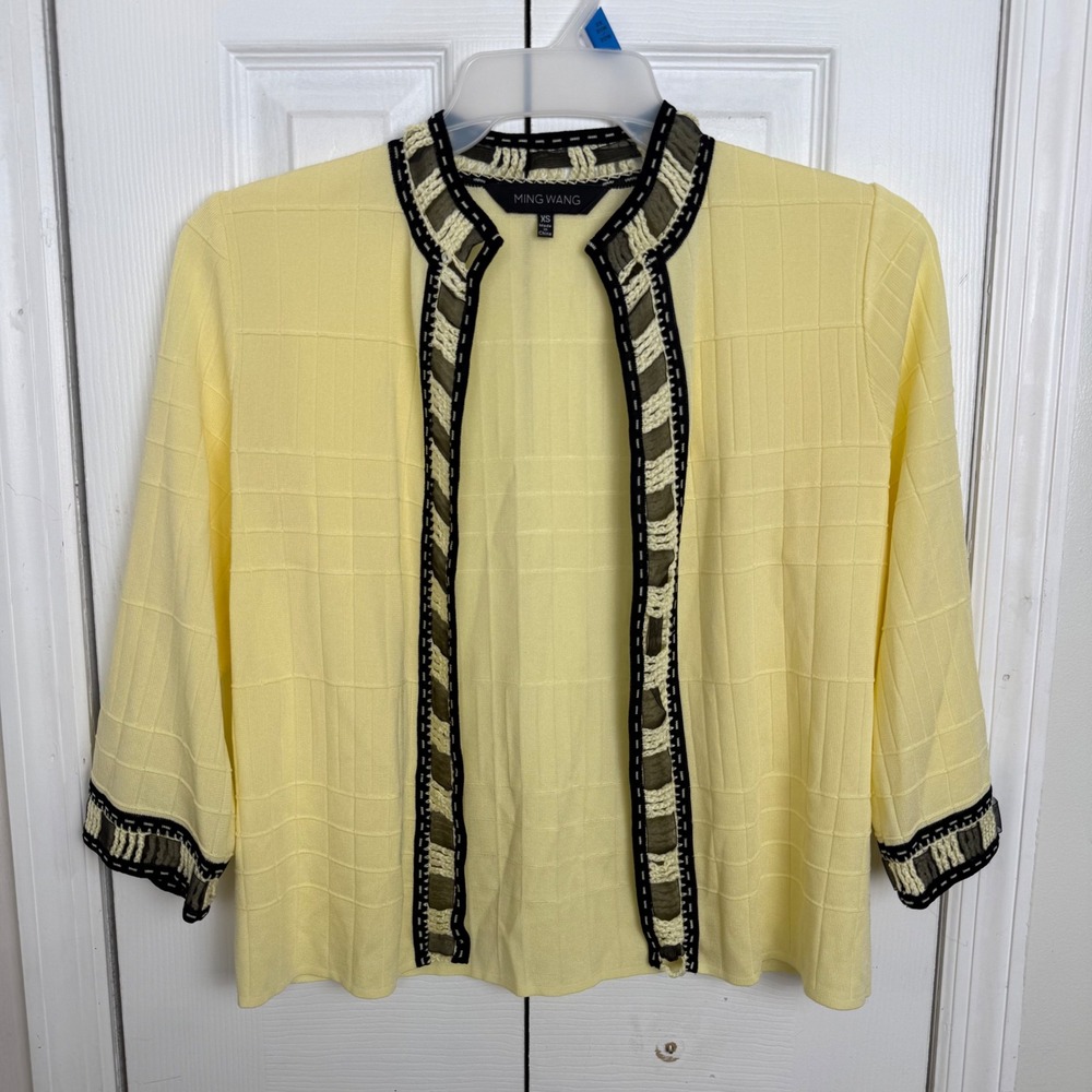 Ming Wang Knit Cardigan XS Yellow Minimalist‎ Professional Woven Trim Open Front